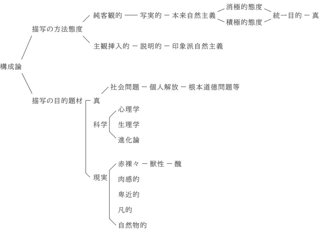 描写に関する概念マップ。純客観的、写実的、本来自然主義から印象派自然主義、主観挿入的、説明的な態度が対比され、社会問題や個人解放、根本道徳問題を扱った題材、科学や心理学、進化論、自然主義的視点（赤裸々、獣性、醜、肉感的など）が示されています。